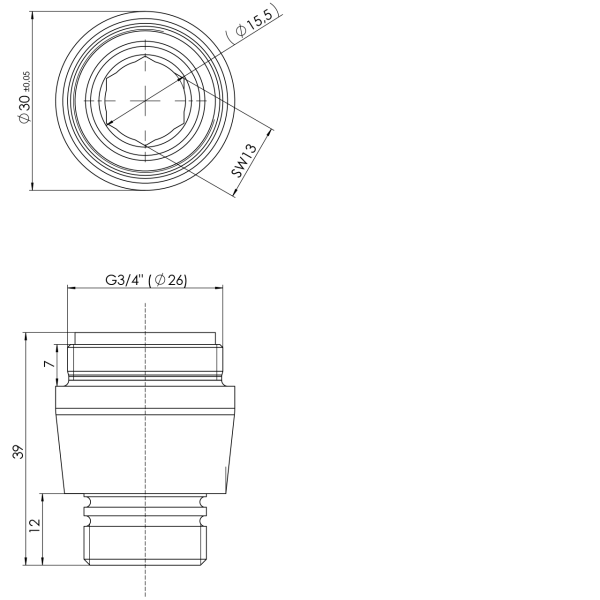 Adapternippel zu Körper A1-1250_2 mit 3/4" AG - IGØ 18,3 mm - iSW 15 mm