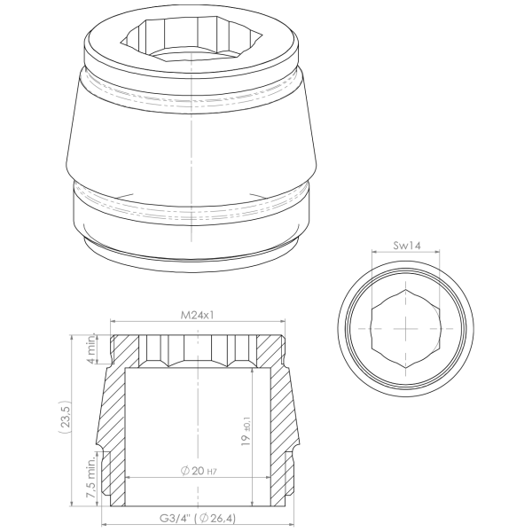 Nodrop-Hülse MS chrom M24x1 ohne RV