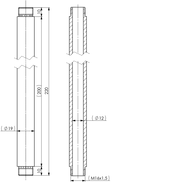 Innenrohr zu Brausegriff ohne Absperrung ADØ19 - IDØ12 - 2x M16x1,5 - L220 Messing